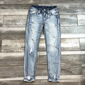 Miss Me Mid Rise Ankle Skinny Jeans 24x27‎ Light Blue Embellished Stretch Denim